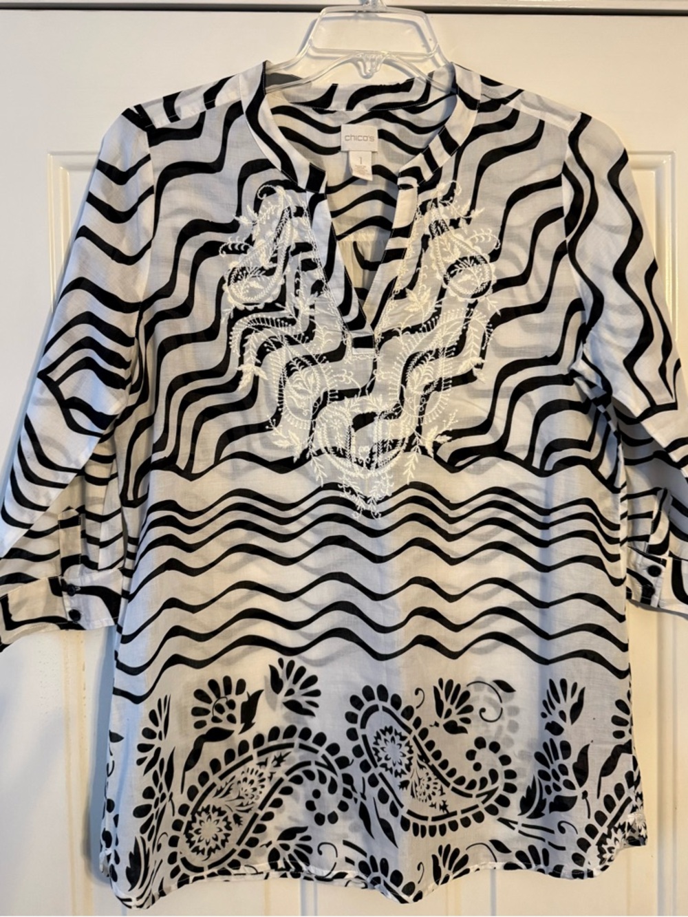Chico's Black and White Wavy Paisley Embroidered Tunic